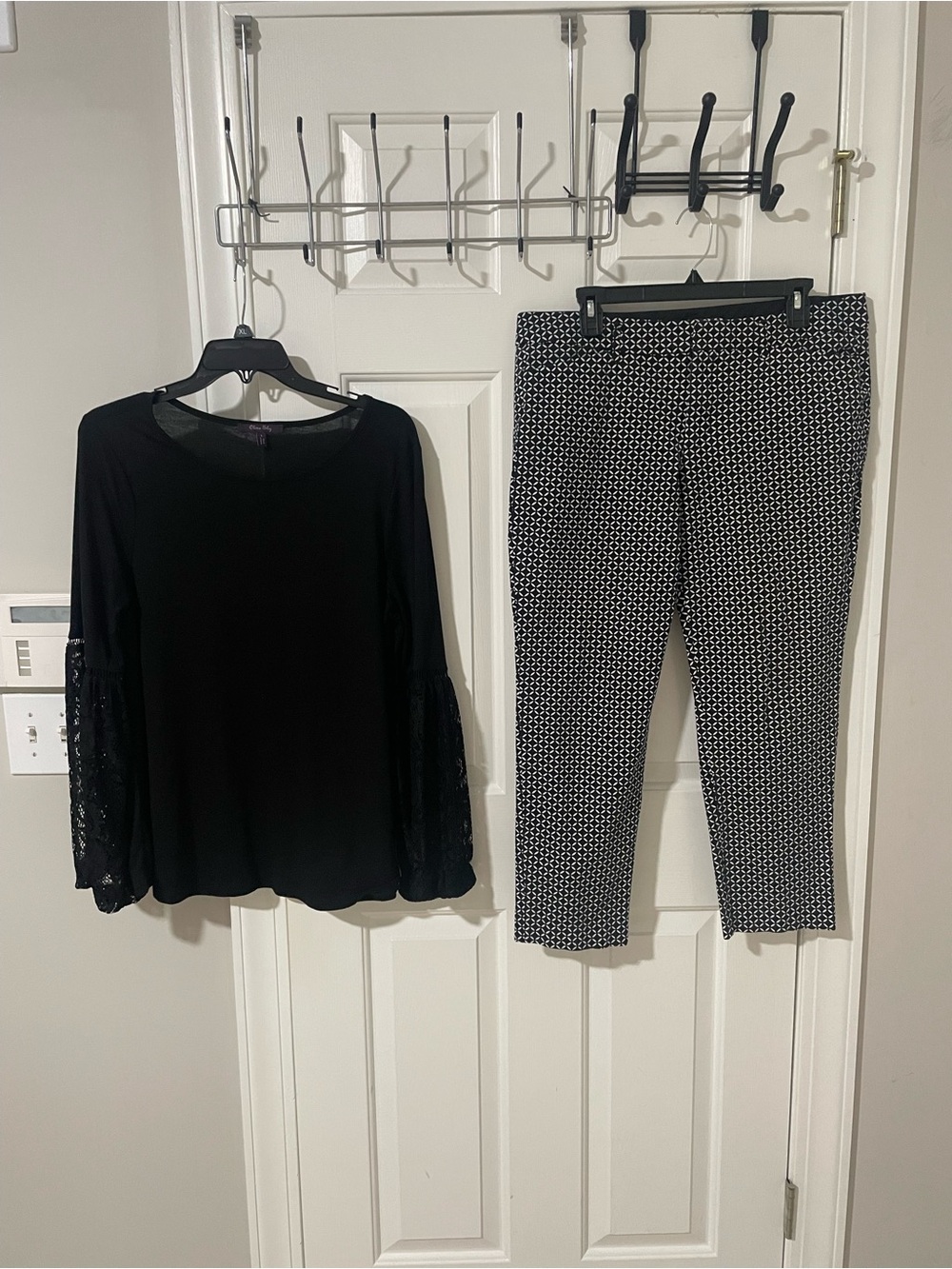 Black Lace-Sleeve Blouse & Patterned Ankle Pants Set Ana 12